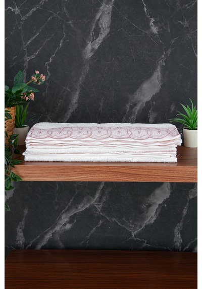 Dantelli Güpürlü Lüks %100 Pamuk Çeyizlik 6 Lı El Yüz Havlu Seti 40x70 - Pembe - 4400 Pembe