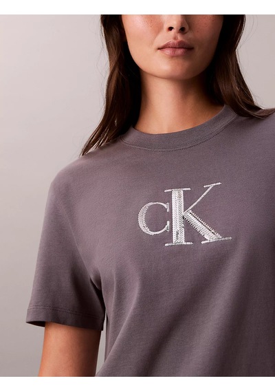 Kadın Kısa Kol Ck Yazı Detay Bisiklet Yaka Gri T-shirt Gri
