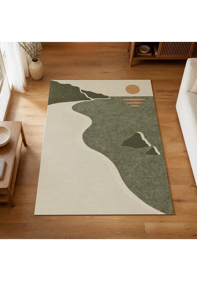Kartela Halı Kıyı Deniz Manzaralı Modern Halı Adaçayı Yeşili Kaymaz Taban 100x150 Cm