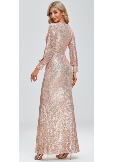 Hanife Glam Couture Hanife Glam Uzun Kollu Kruvaze Yaka Pullu Abiye Elbise Gold