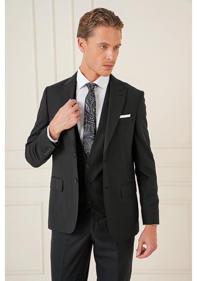 Efor Slim Fit Kırlangıç Yaka Çift Yırtmaçlı Yelekli Klasik Siyah Takım Elbise Tk 895 Siyah Efor Slim Fit Kırlangıç Yaka Çift Yırtmaçlı Yelekli Klasik Siyah Takım Elbise Tk 895 Siyah