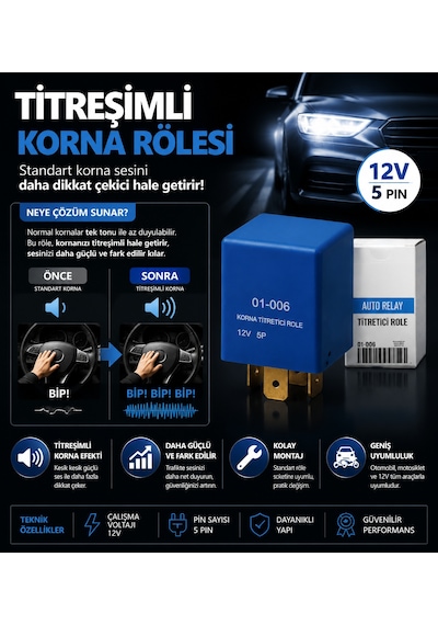 Titreyen Korna Rölesi Kesici Röle 12v 30a 5 Uçlu Korna Titretici Universal 1 Adet