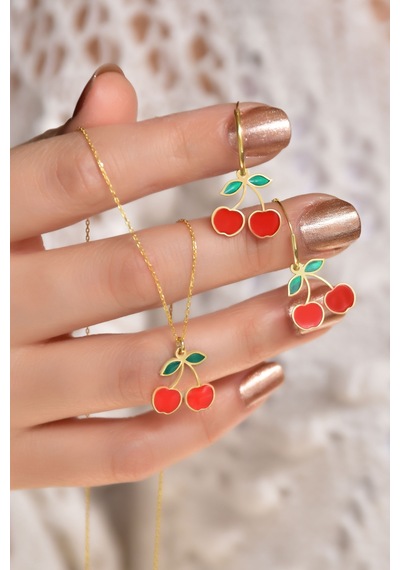 925 Ayar Gümüş Gold Kaplama Özel Tasarım Kırmızı Kiraz Kolye Ve Küpe Set 10684933