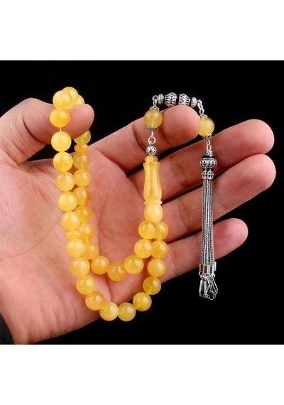 925 Ayar Gümüş Mineli Püsküllü 9,5 Mm Damla Kehribar Tesbih Sarı