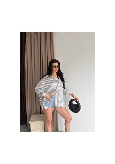 Unika Boutique Çizgili Oversize Gömlek Gri