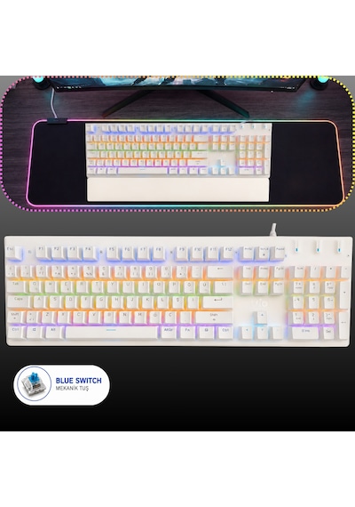 Trio G8219x Rgb Blue Switch Mekanik Oyuncu Klavyesi Türkçe Q Kablolu Bilek Destekli Beyaz