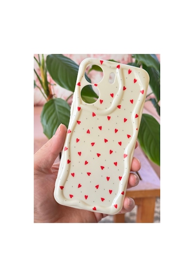 Fibaks Redmi 13c-poco C65 Uyumlu Kılıf Kamera Korumalı Dalga Kenarlı Kırmızı Kalp Desenli Silikon Kapak