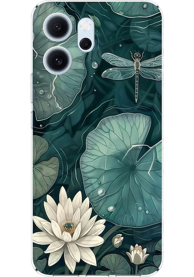 Oppo Reno 14f Uyumlu Yeşil Yapraklı Nilüfer Ve Yusufçuk Baskılı Silikon Kılıf Renkli
