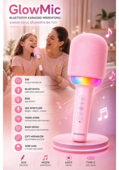 Exenar - Pembe - Kablosuz Bluetooth Karaoke Mikrofonu 5w Rgb Işıklı Taşınabilir Kablosuz Mikrofon Şarjlı 1200 Mah
