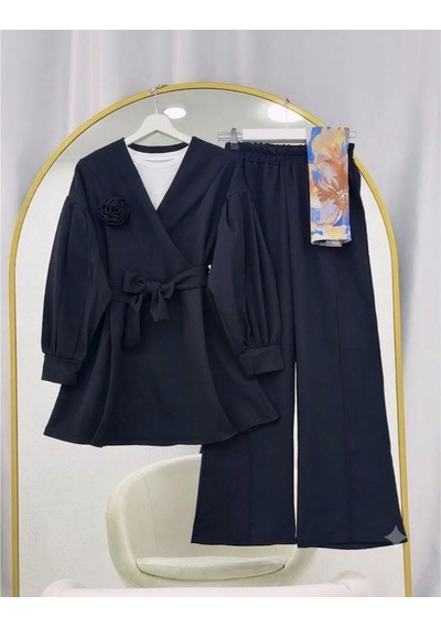 Lovie Moda Gül Detaylı Pantolonlu İkili Takım Siyah
