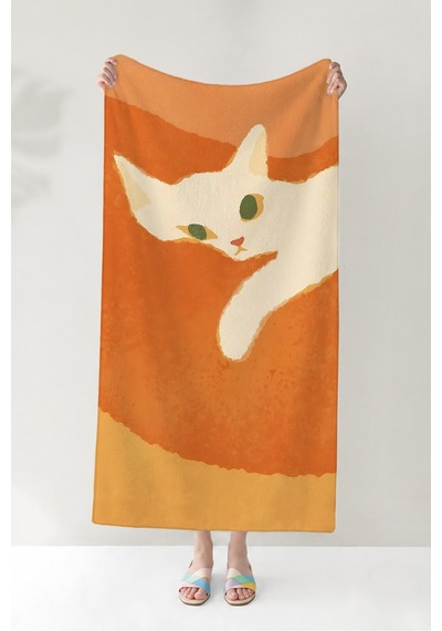 Kedi Figürlü Modern Plaj Havlusu-turuncu Beyaz Minimalist Havuz Deniz Hızlı Kuruyan Mikrofiber Havlu Sisli İncir