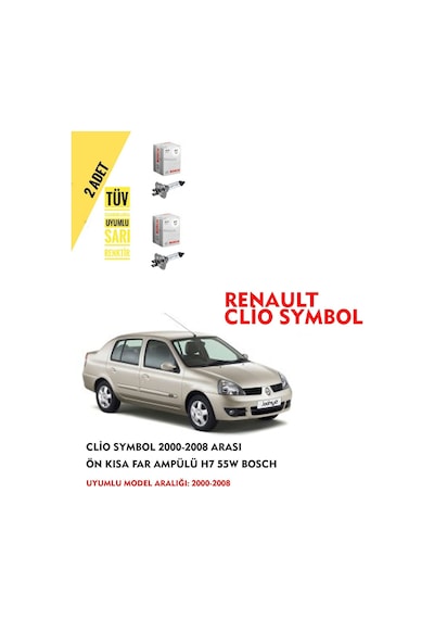 Clio Symbol 2000-2008 Arası Ön Kısa Far Ampülü 2 Adet Sarı Renk