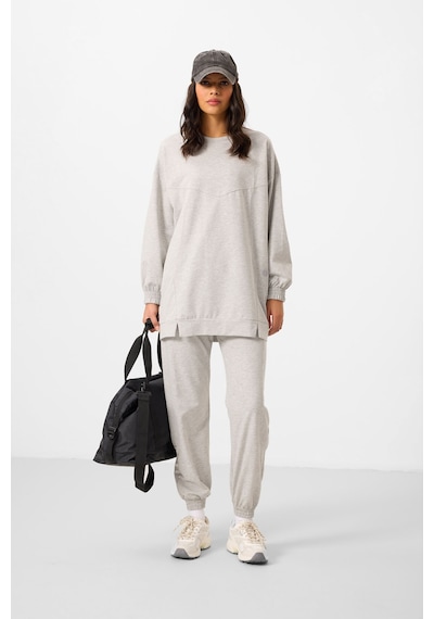 Gri Melanj O Yaka Basic Oversize Kadın Eşofman Tunik Takım - 95347 Gri Melanj
