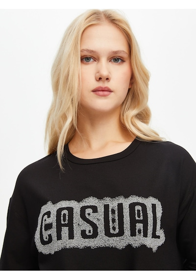 Faik Sönmez Slogan Baskılı Yuvarlak Yaka Uzun Kol T-shirt 69580 U6958010 Siyah