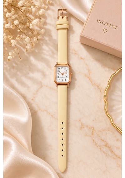 Kadın Kol Saati Rose Gold Kasa, Deri Kordon Krem