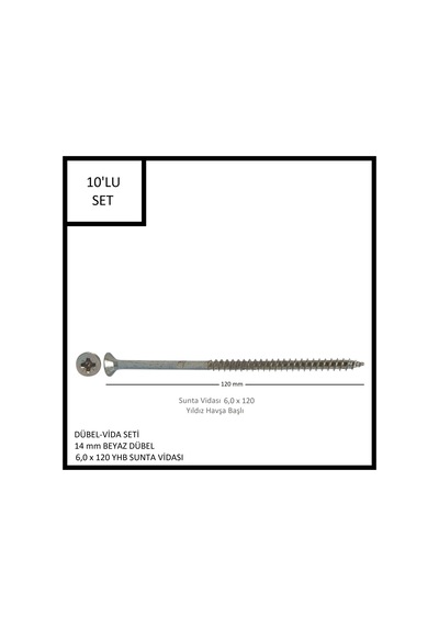 Dübel-vida Seti, Beyaz Dübel 14 Mm, 6,0x120 Yhb Sunta Vidası, 10 Adet