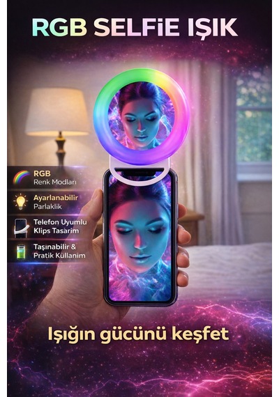 Rgb Selfie Işığı Aynalı Telefon Klipsli Halka Işık Led Selfie Lambası Video Çekim Canlı Yayın Makyaj