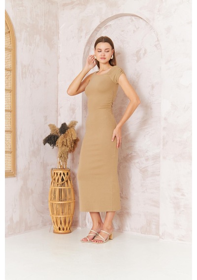 Darlin Moda Kadın Kısa Kollu Tek Omuz Kaşkorse Bej Elbise Dm1051 Bej