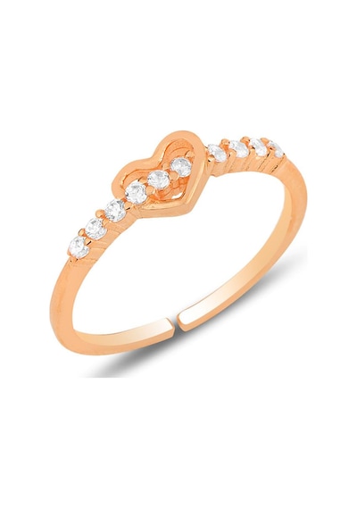 Gümüş Rose Zirkon Taşlı Kalp Modeli Ayarlamalı Yüzük Barcode Pembe Altın