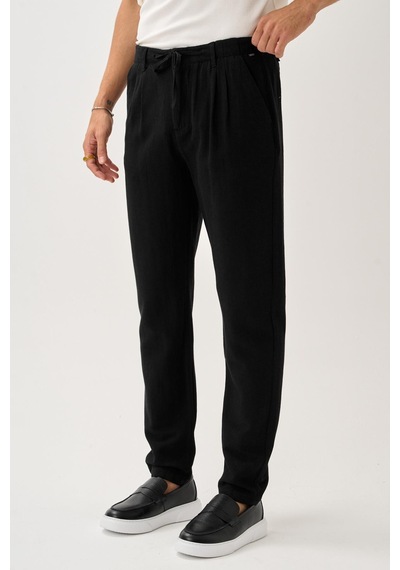 Alexandergardi Regular Fit Beli Lastikli Keten Pantolon Siyah