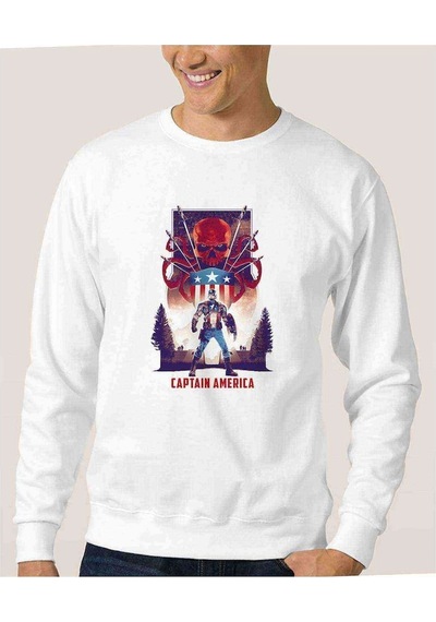 Captain America Baskılı Beyaz Erkek Örme Sweatshirt