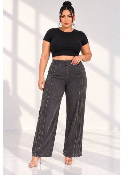 Büyük Beden Denim Taşlı Yüksek Bel Bol Paça Kadın Pantolon Siyah