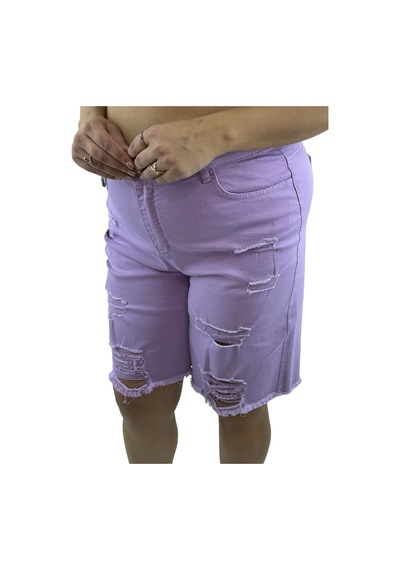 Büyük Beden Yüksek Bel Yırtık Cepli Denim Kadın Şort Lila
