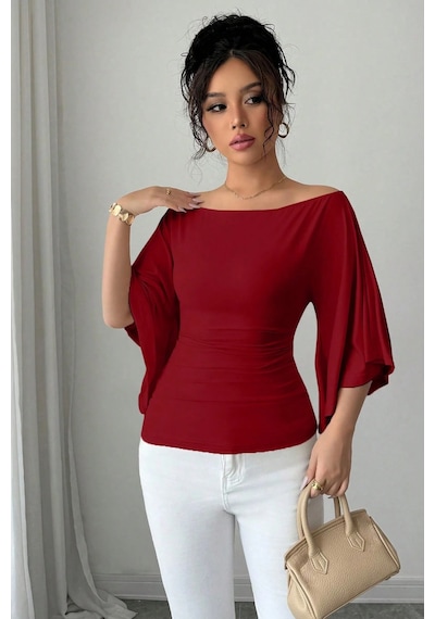 Kadın Beyaz Kayık Yaka Flare Kol Drapeli Fit Bluz Bordo