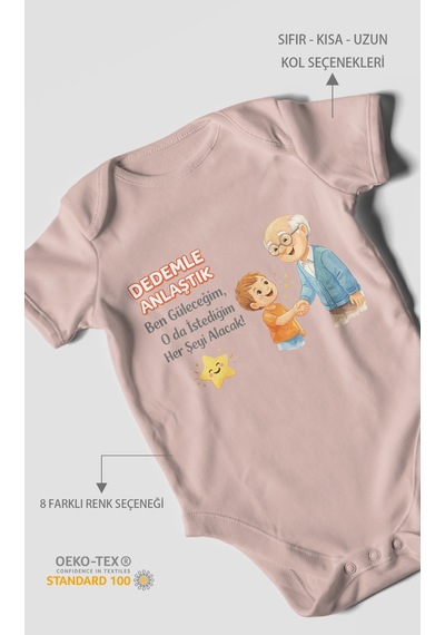 Morivokids Dedeye Özel Kısa Kollu Bebek Body %100 Pamuk Pastel Pembe