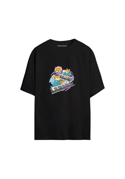 Dj Kedi Baskılı Unisex Siyah Oversize T-shirt SIYAH
