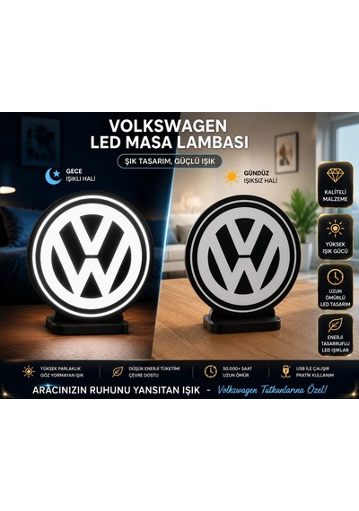 Volkswagen Masa Lambası , Vw Logolu Led Işıklı Masa Lambası , Volkswagen Gündüz Gece Masa Lambası Siyah