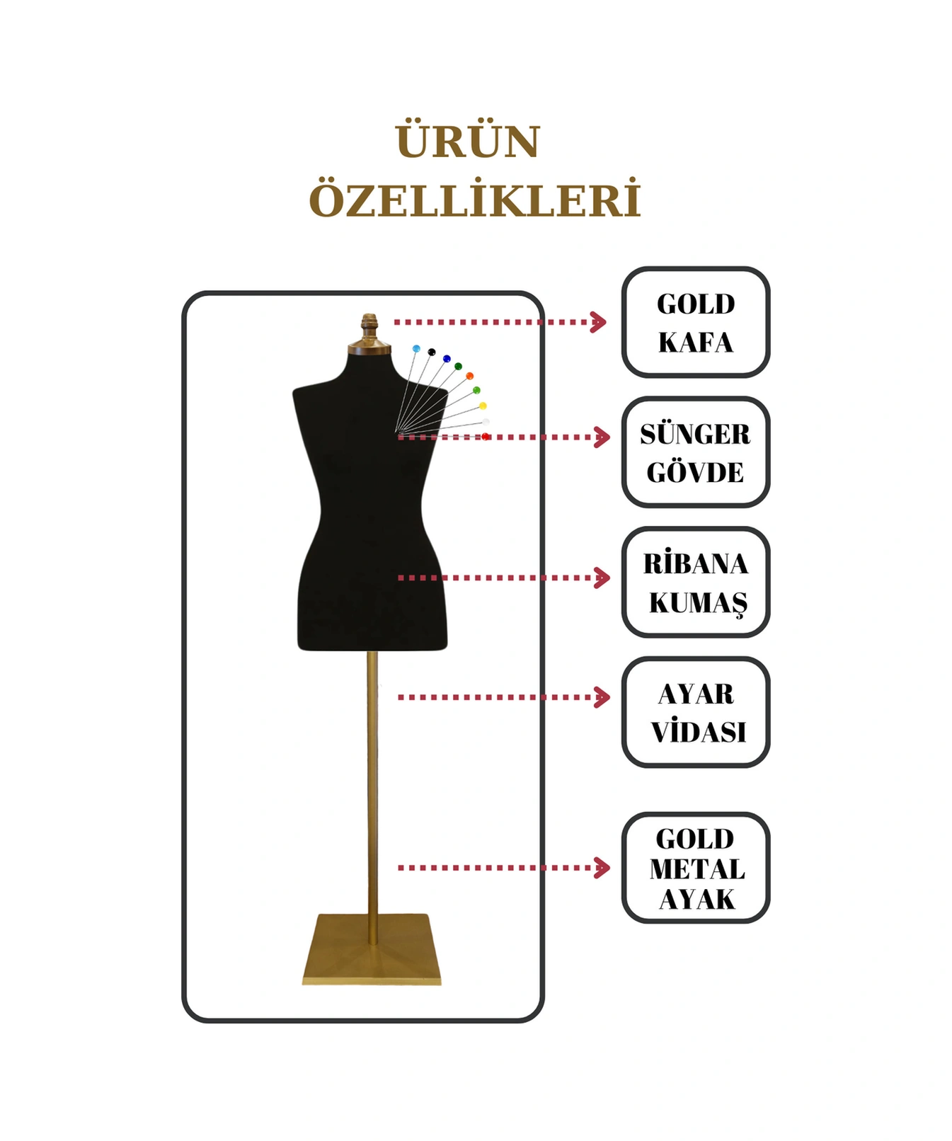 42 Beden Iğne Batabilen Terzi Mankeni Prova Mankeni Sünger Manken Gold Ayaklı Siyah Kumaş Po-01