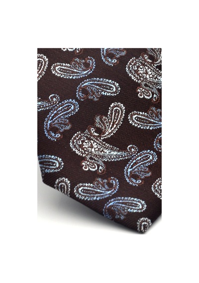 Gaffy Mavi Şal Desenli Kahverengi Dokuma Kumaş Mendilli Slim Fit Kravat // Sdk-2507-5 Kahverengi