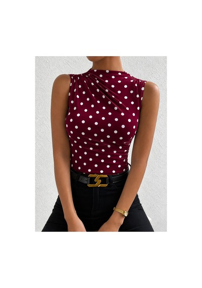 Wild Flower Puantiye Desenli Bisiklet Yaka Drapeli Esnek Kumaş Kadın Bluz Bordo