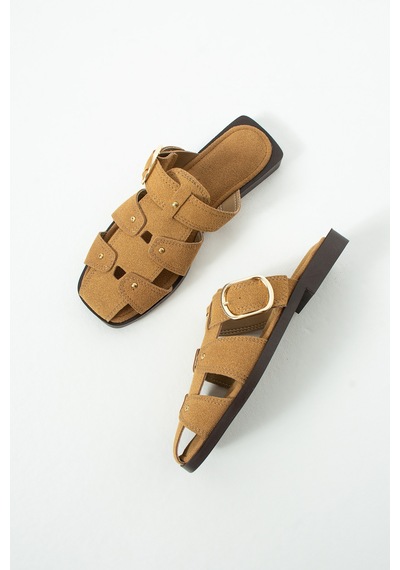 Duxal Shoes Lena Kadın Süet Gold Tokalı Kafes Tasarım Küt Burun Terlik Camel