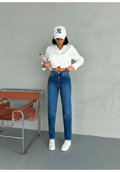 Zeo Basic Likralı Mom Jean Koyu Mavi Taşlamalı Koyu Mavi Taşlamalı