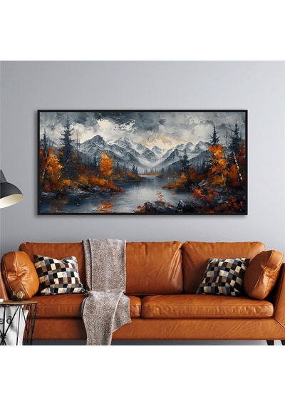 Yağlı Boya Dokulu Tablo Modern Karlı Doğan Manzarası Siyah Çerçeveli U06021-178986
