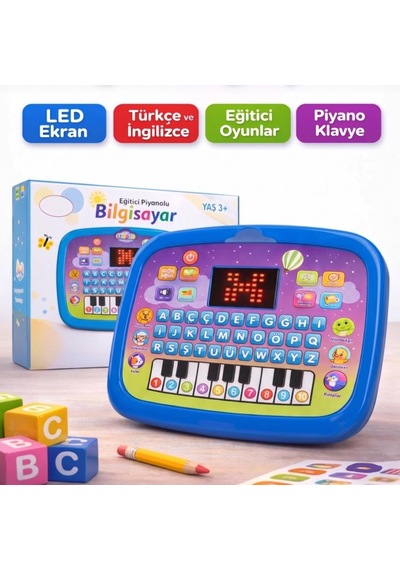Eğitici Piyanolu Sesli Işıklı Led Ekranlı İngilizce Türkçe 26 Kelime Çocuk Bilgisayarı Mavi