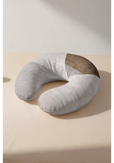 Modern Geometrik Desenli Ergonomik Boyun Yastığı - Soyut Minimal Bej Gri Kahve Seyahat Yastığı Soluk Yağmur Duman