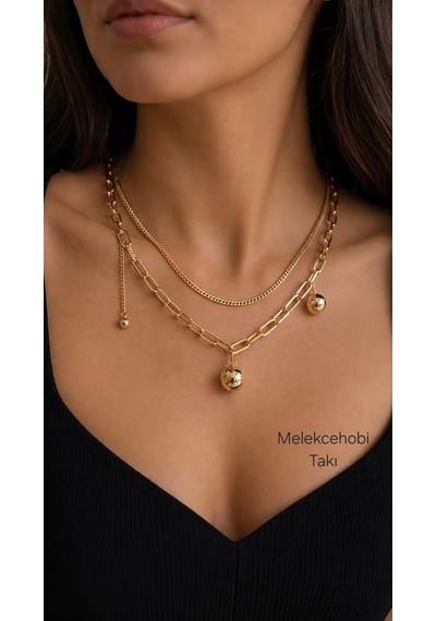 Melekcehobi Takı Kadın Çift Sıralı Top Sarkıtlı Xuping Zincir Kolye/ Katmanlı Kolye Kombini Altın Rengi