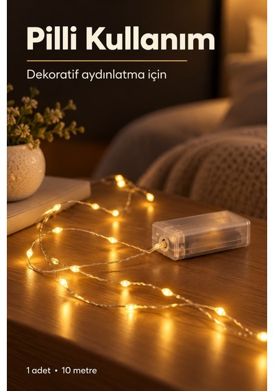 10 Metre Pilli Sarı Gün Işığı Peri Led Flaşlı Dekoratif Işık