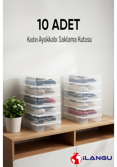 10 Adet Şeffaf Kadın Ayakkabı Saklama Kutusu-hava Kanallı-organizer Şeffaf