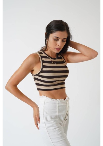 Ckm Moda Adrian Yüksek Kalite Kadın Yuvarlak Yaka Çizgili Crop Bluz Kahve