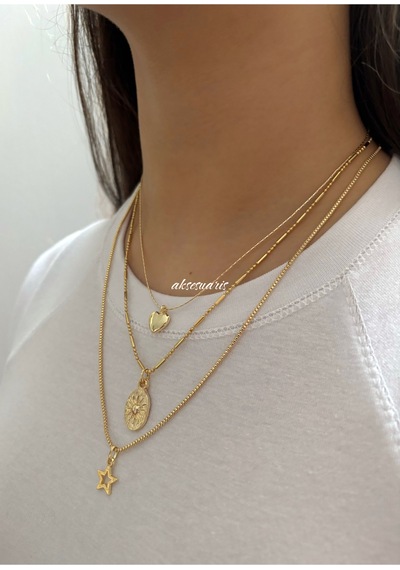 3'lü Desenli Zincirli Gold Kalp Yıldız Kadın Kolye Set Kombin Altın Altın