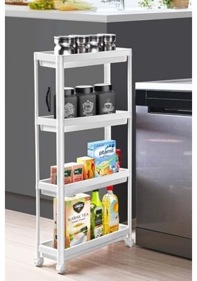 4 Katlı Tekerlekli Slim Raf Modüler Banyo Rafı, Mutfak Rafı, Beyaz Çok Renkli