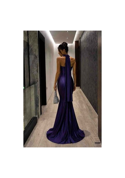 Lior Design Kadın Trend Model Kruvaze Yaka Şık Abiye Elbise Mor