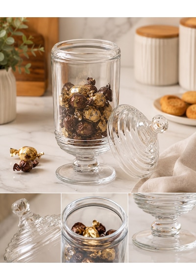 Chacha Home Halkalı Cam Kapaklı Ayaklı Drajellik & Şekerlik 780 Ml - 24 Cm Şeffaf