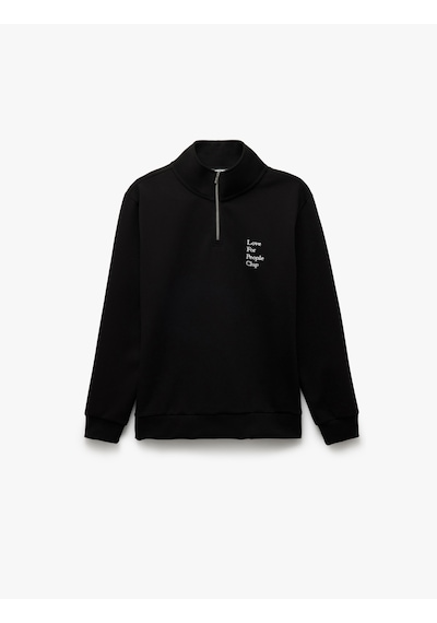 Koton Uzun Kollu İşlemeli İnterlok Kumaş Yarım Fermuarlı Sweatshirt Siyah 5sam70046mk Siyah