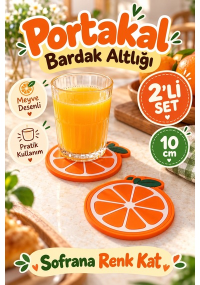 Portakal Desenli Bardak Altlığı 2'li 10 Cm Turuncu Meyve Figürlü Masa Ve Sehpa İçin Dekoratif Altlık