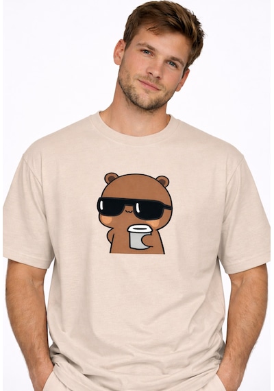 Nevermınd Sevgili Kombini Panda Bardak Baskılı Çift Tişört Oversize Unisex Partner Kombin Çift Seti Bej Bej